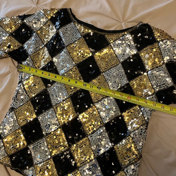 Vintage Gold Silver Black Sequin Checker Blouse Top Medium - Picture 6 of 9